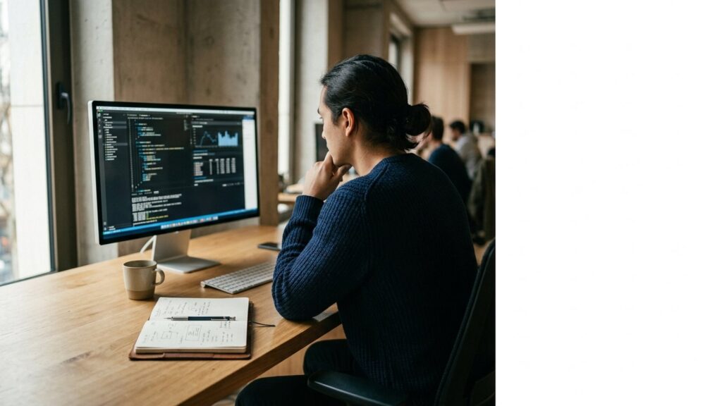Développeur analysant du code et des graphiques de performance sur un grand écran