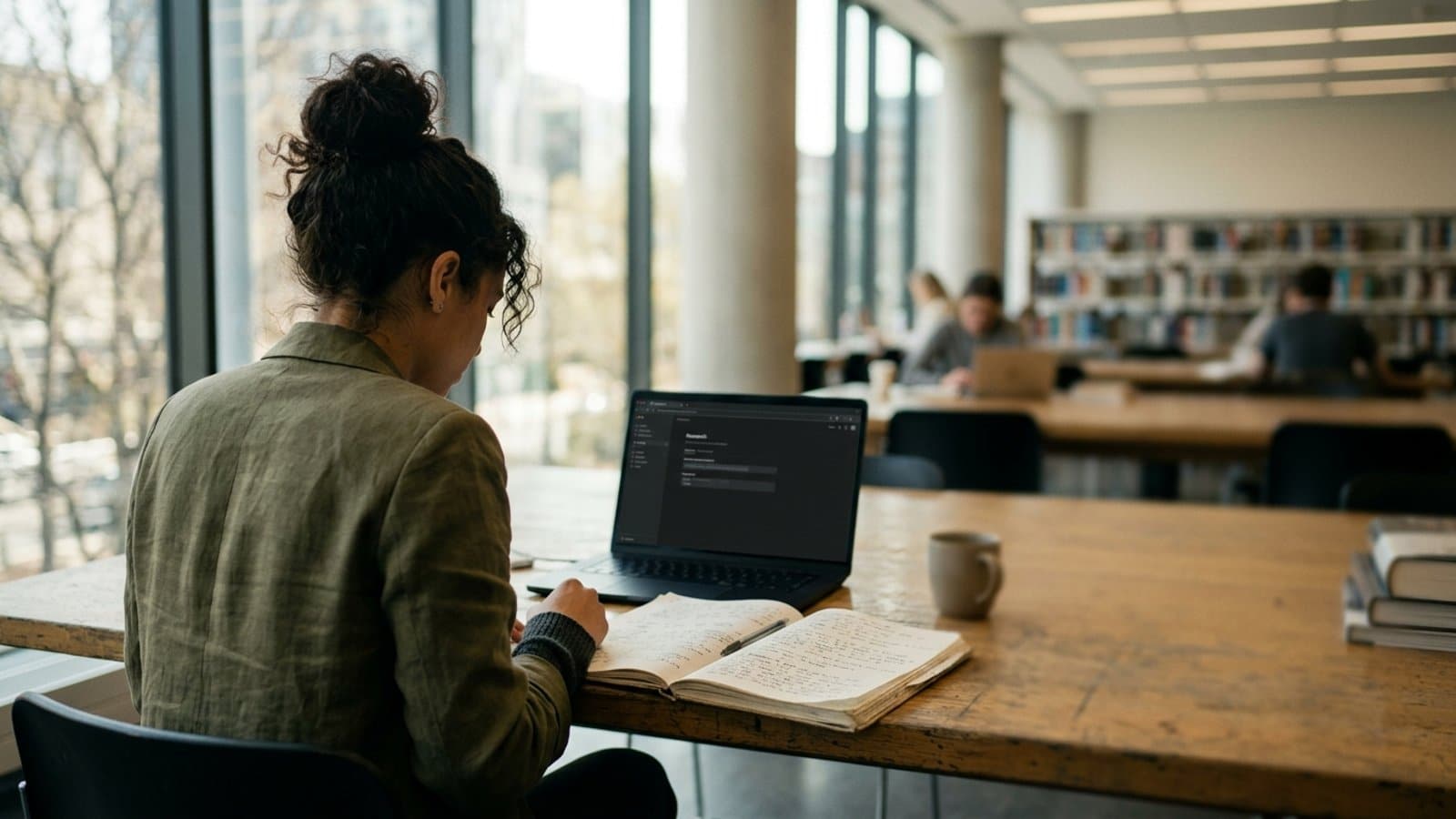 Femme travaillant sur un ordinateur portable dans une bibliothèque, carnet de notes manuscrites ouvert