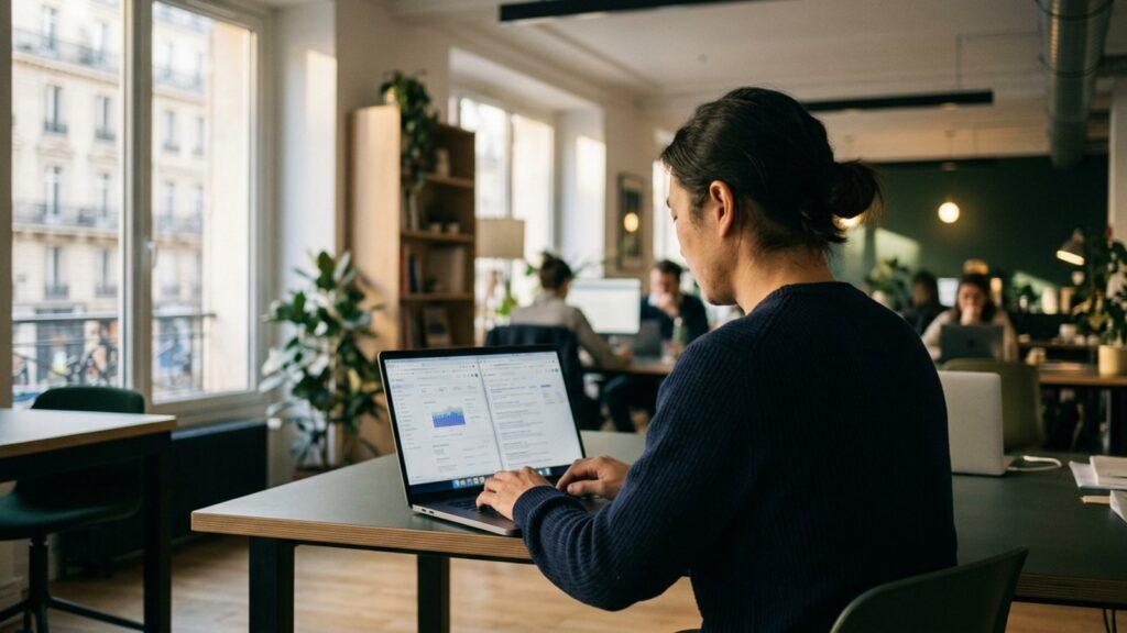 Personne comparant deux interfaces côte à côte sur un ordinateur portable dans un espace de coworking